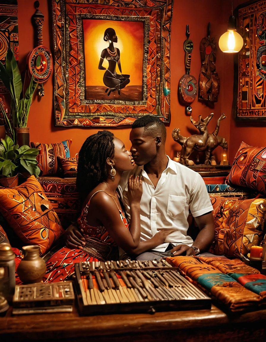 A romantic setting featuring a diverse couple enjoying an intimate moment, surrounded by vibrant African art and textiles that reflect rich cultural heritage. Incorporate soft lighting to create a warm atmosphere, while elements of multimedia like music notes and film reels are integrated in the background. The couple should exude love and connection. super-realistic. vibrant colors. intimate atmosphere.