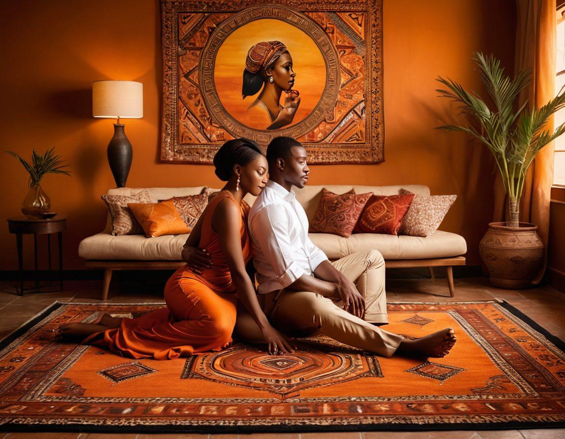 An intimate and romantic setting showcasing a sophisticated couple enjoying their time together, illuminated by soft, warm lighting. The background should feature elements of African culture, like a patterned rug and traditional artwork, blending elegance and sensuality. Include subtle hints of passion, like intertwined hands or playful glances, to convey intimacy. The overall mood should be inviting and tasteful, capturing the essence of exploring passion in a respectful way. super-realistic. warm colors. vibrant background.