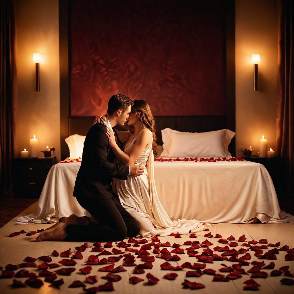 A sensual and intimate setting featuring a couple embracing passionately in a dimly-lit room adorned with soft, warm candlelight. The atmosphere exudes romance, with elements like silk sheets and rose petals surrounding them. The background subtly showcases a blend of modern and classic decor, symbolizing the journey through desire and erotic exploration. The couple's expressions reflect deep connection and longing, inviting the viewer to experience their passion. super-realistic. warm tones. soft focus.